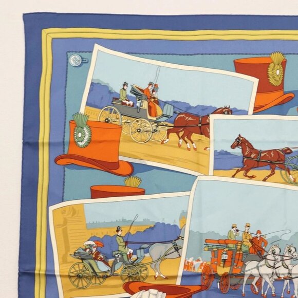 HERMES Carre 90 Scarf Silk ""Mail Coach"" Blue Auth bs30298 - Picture 2 of 9